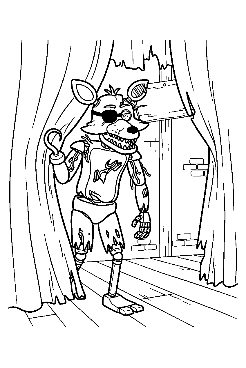withered foxy stepping from behind curtains in the old pirate cove line art