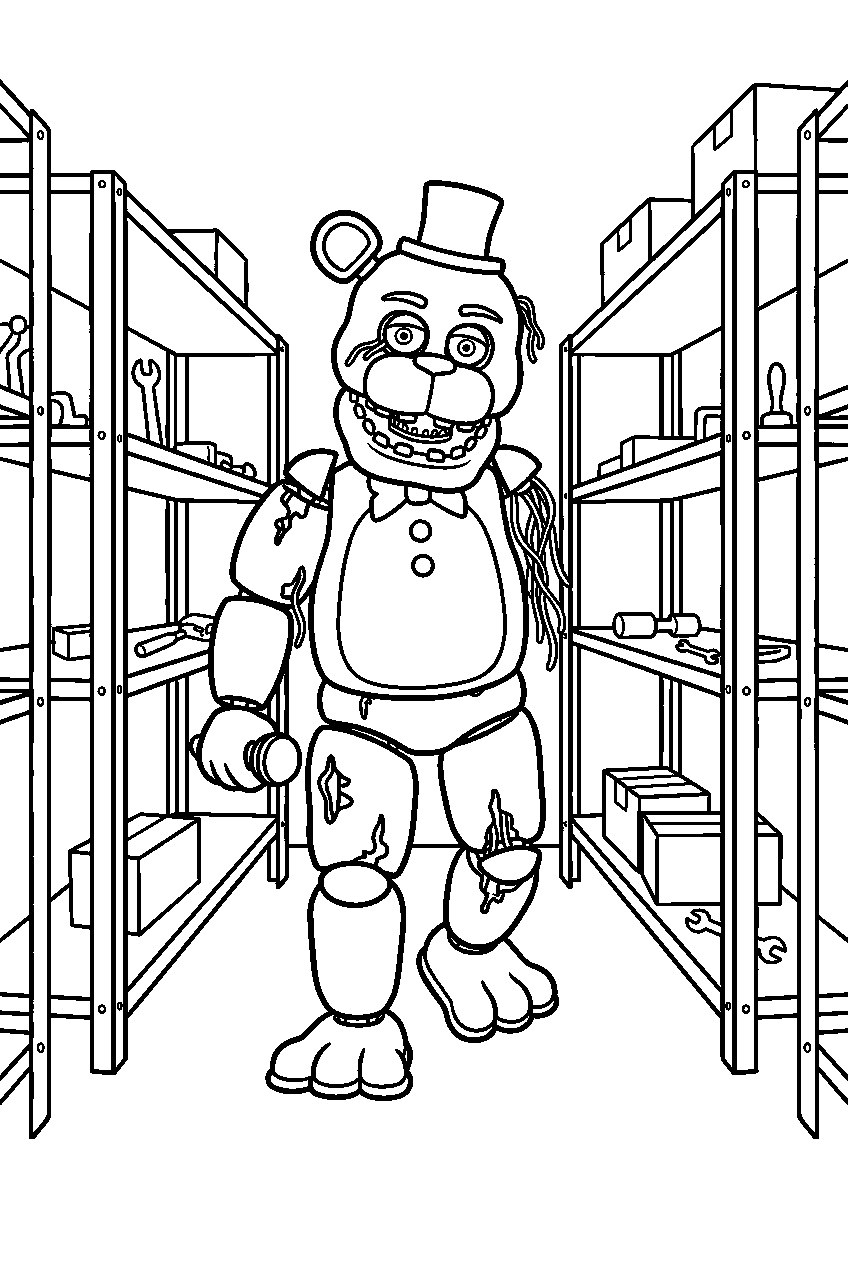withered freddy walking between shelves in the repair room line art