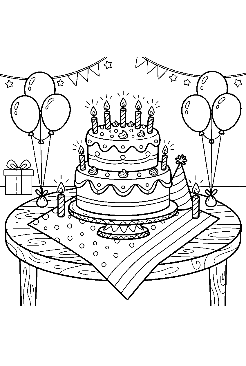 birthday cake beaming beside glowing candles on party table line art