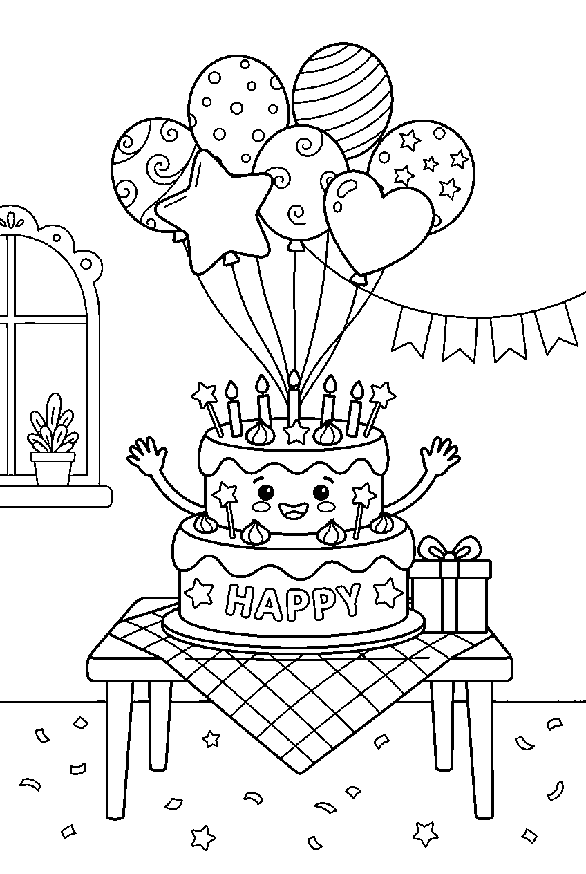 birthday cake cheering beneath balloons in celebration room line art