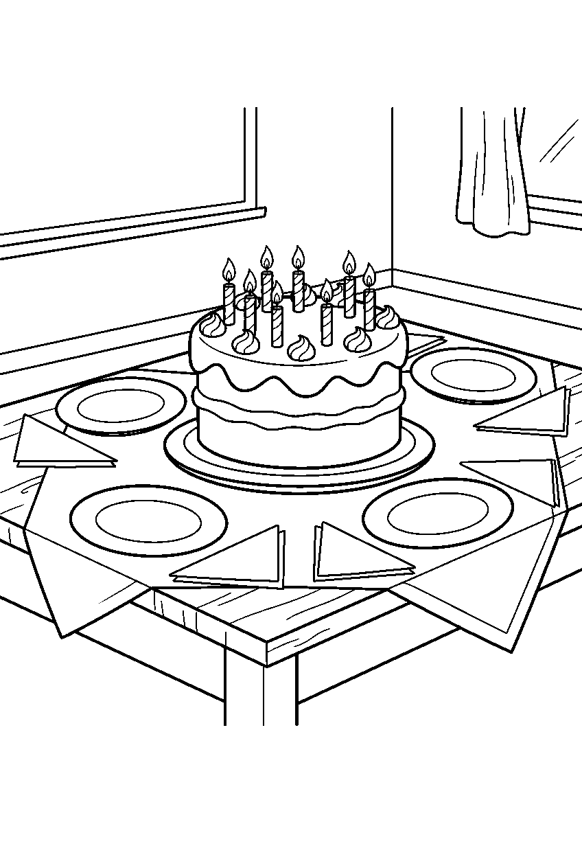 birthday cake served with plates at classroom celebration line art