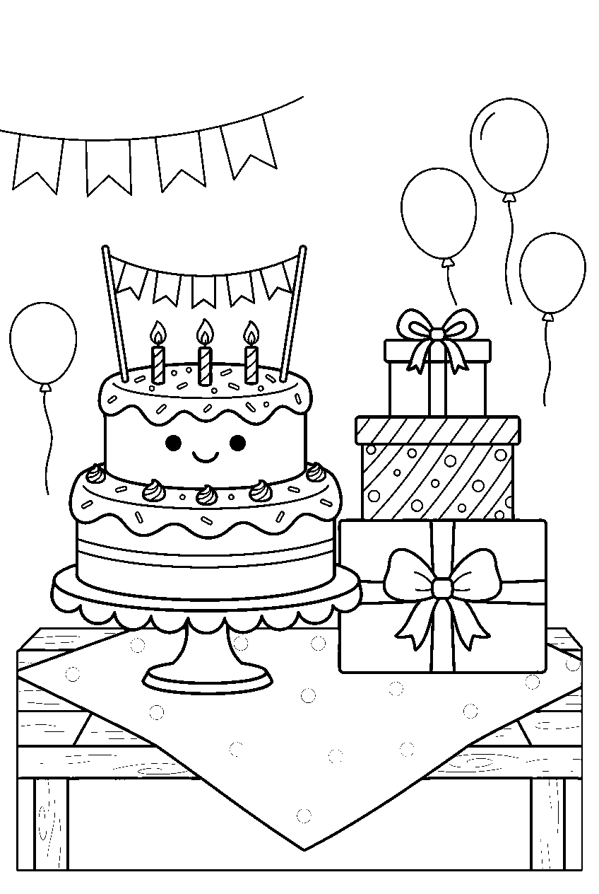 birthday cake smiling beside wrapped gifts at family party line art