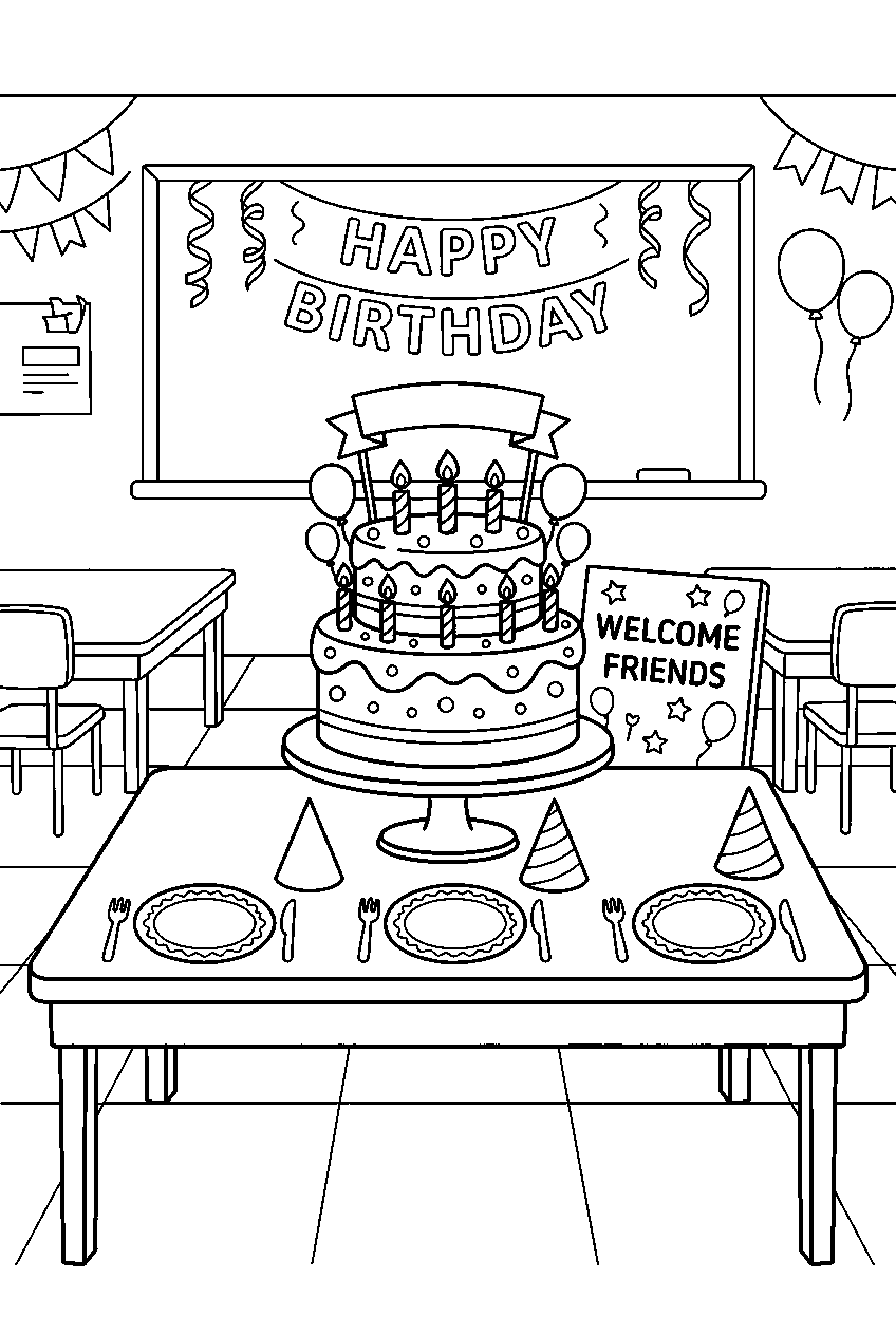 birthday cake welcoming classmates beside plates at classroom celebration line art