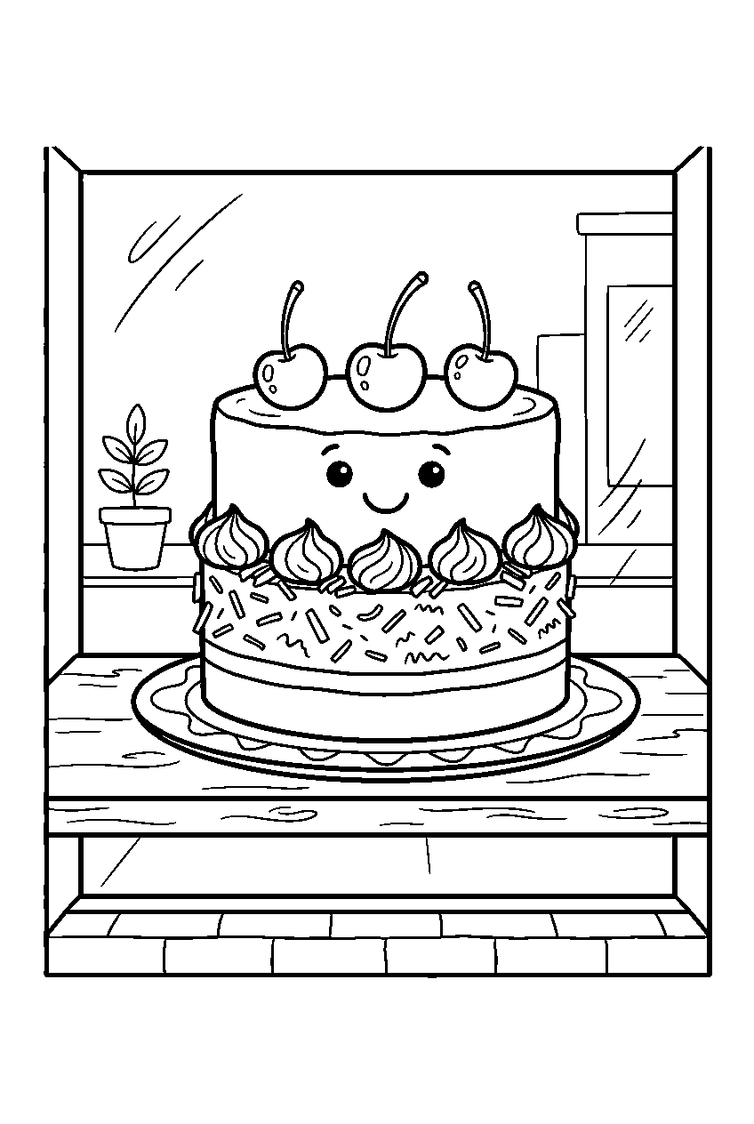 black forest cake smiling beneath cherries in bakery window line art