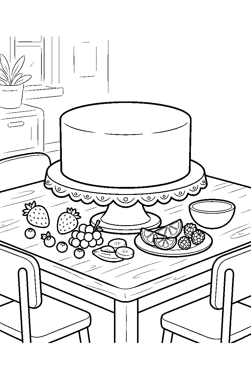 blank cake receiving fruit decorations at classroom activity table line art