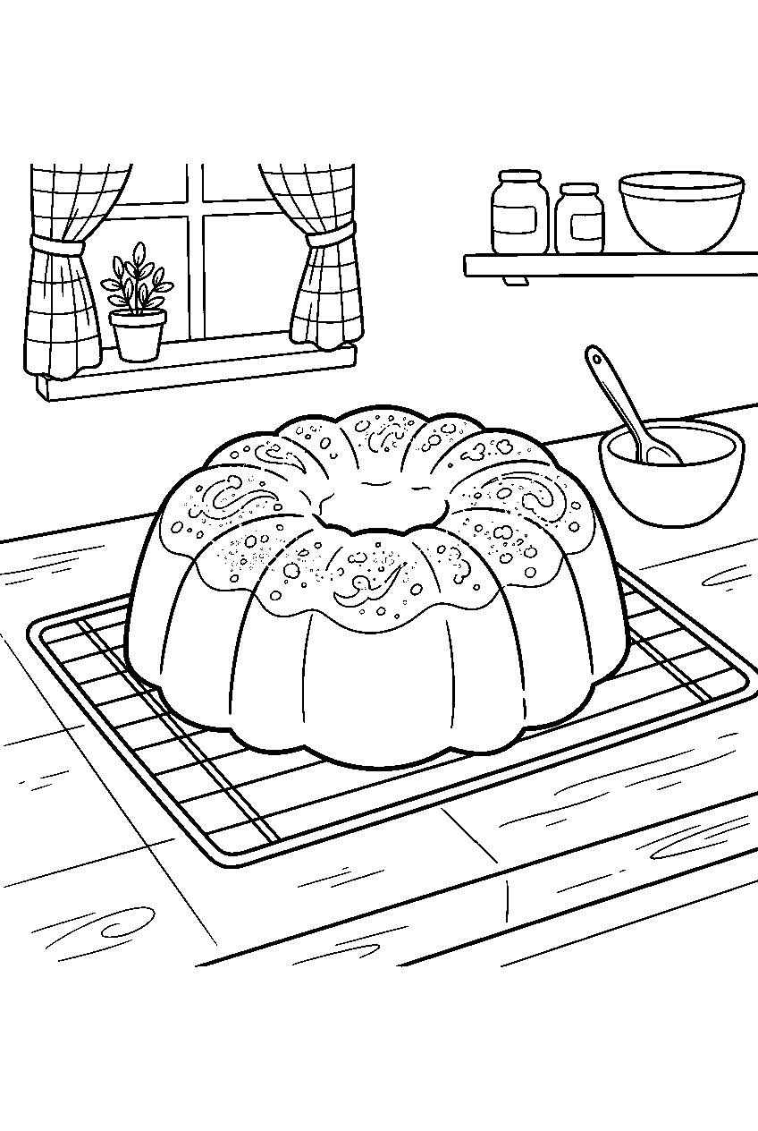 bundt cake dusted with sugar in home kitchen line art