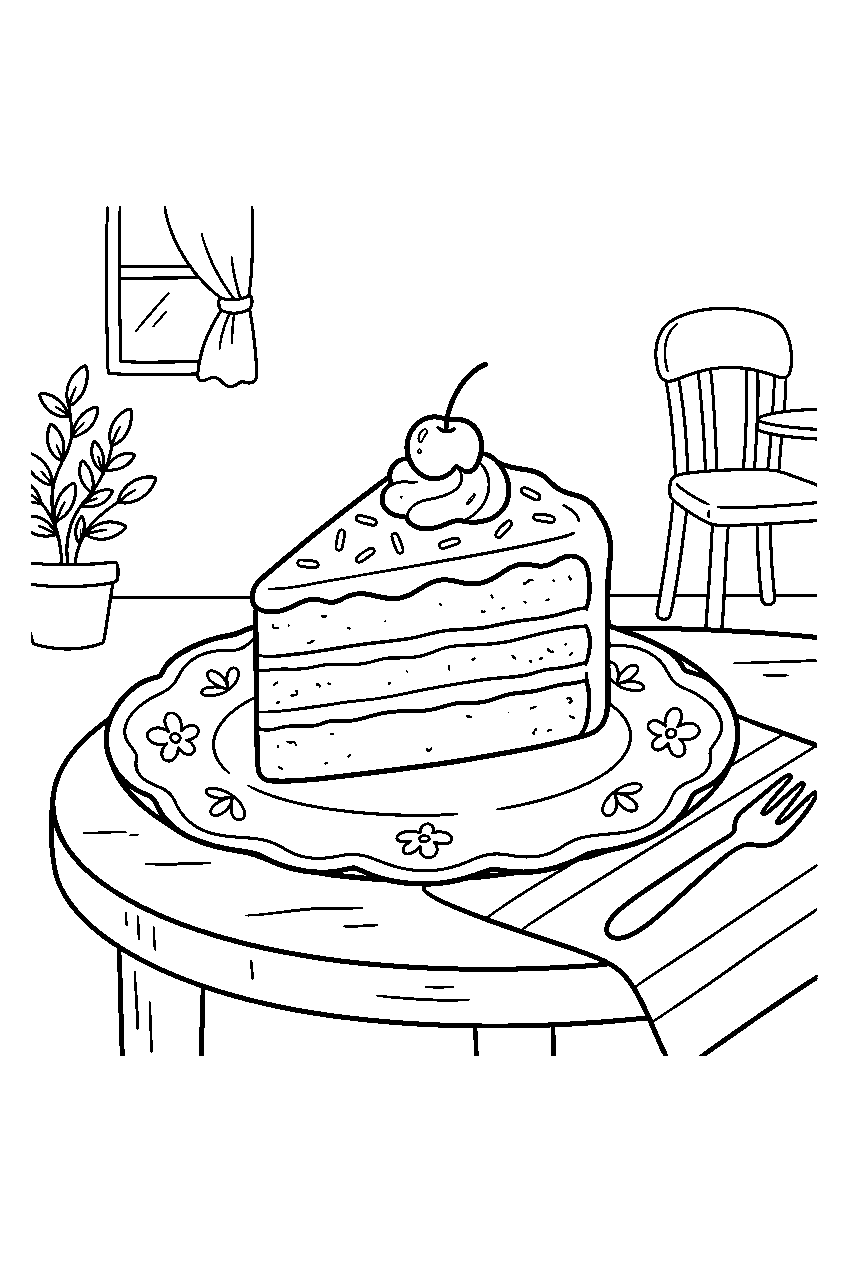 cake slice served on plate at dessert cafe line art