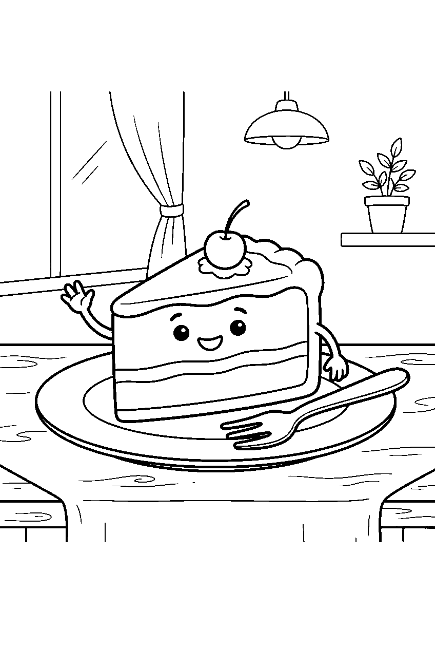 cake slice waving beside fork on plate at dessert cafe line art
