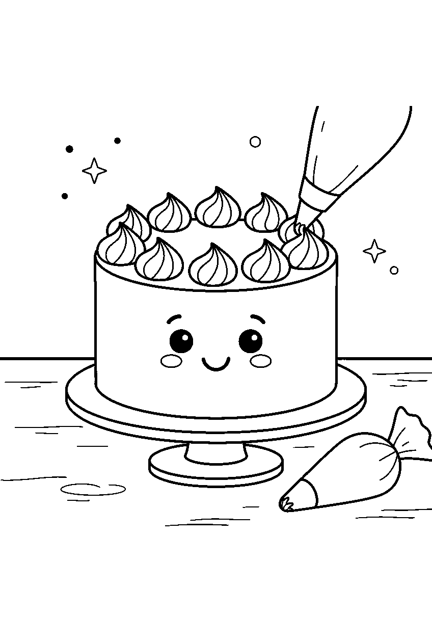 cake smiling while receiving piped frosting swirls at decorating table line art