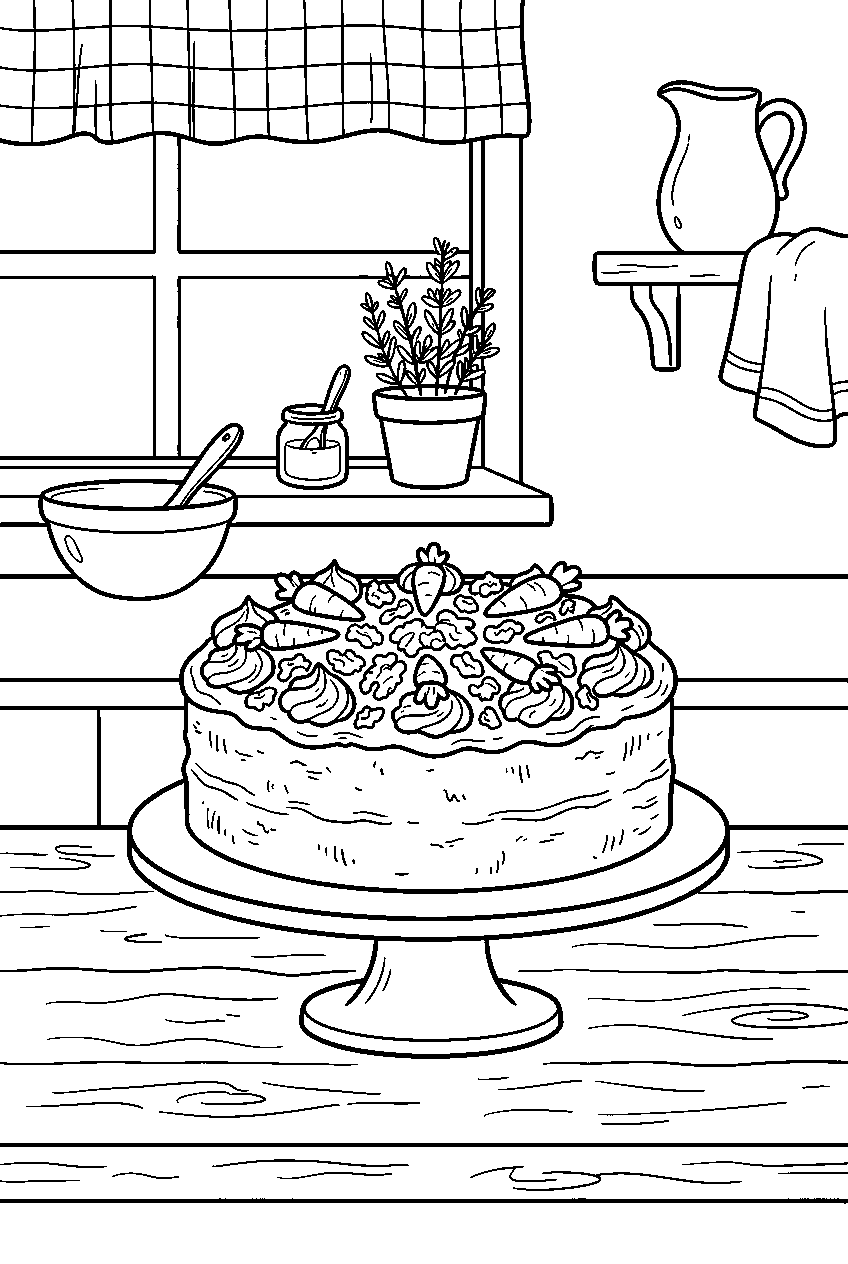 carrot cake topped with walnuts in farmhouse kitchen line art