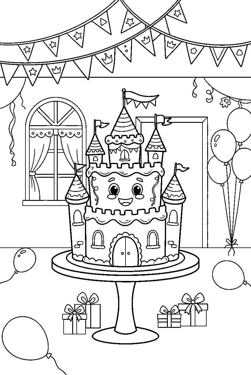 castle cake cheering beneath flags at princess party line art