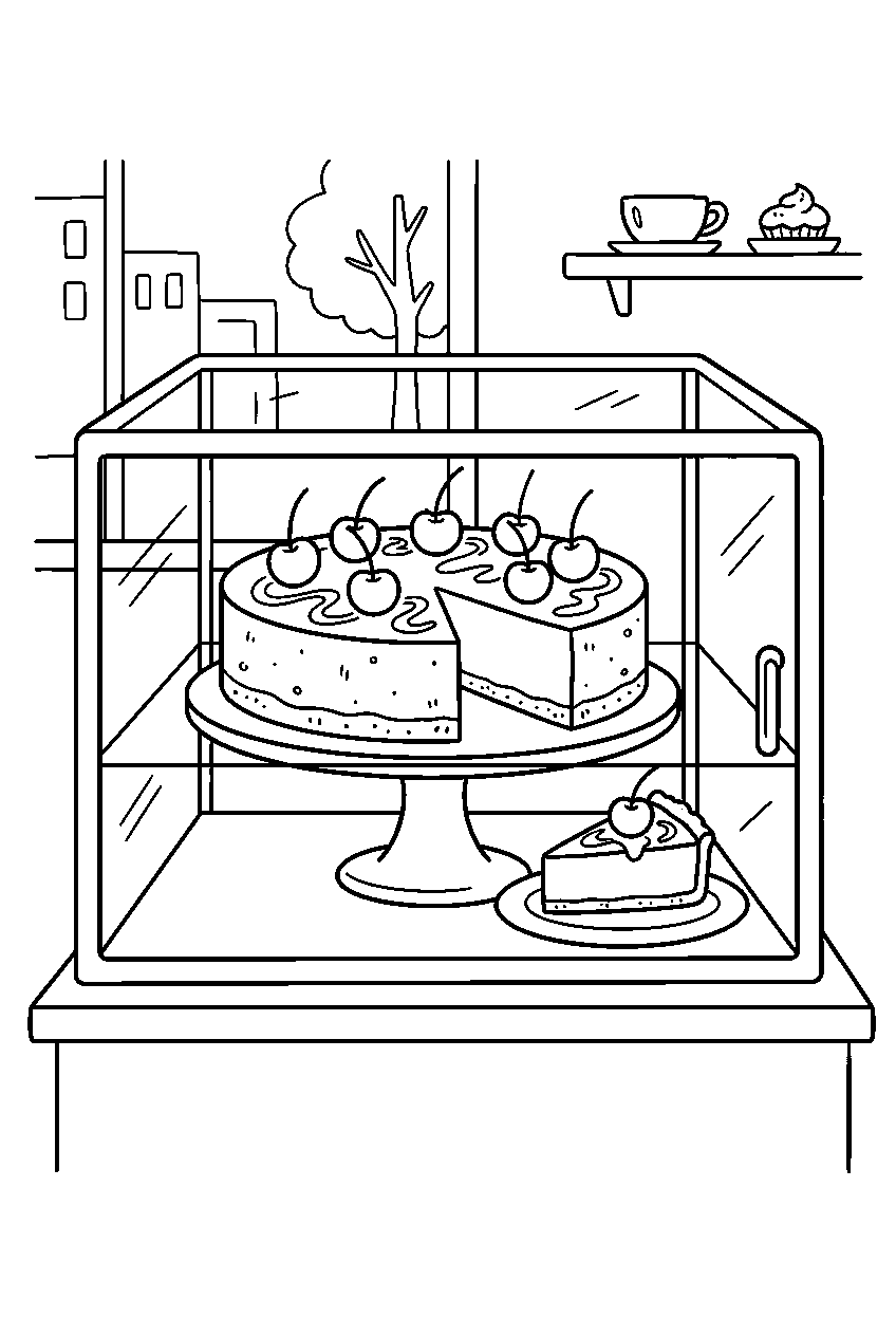 cheesecake topped with cherries inside cafe display case line art