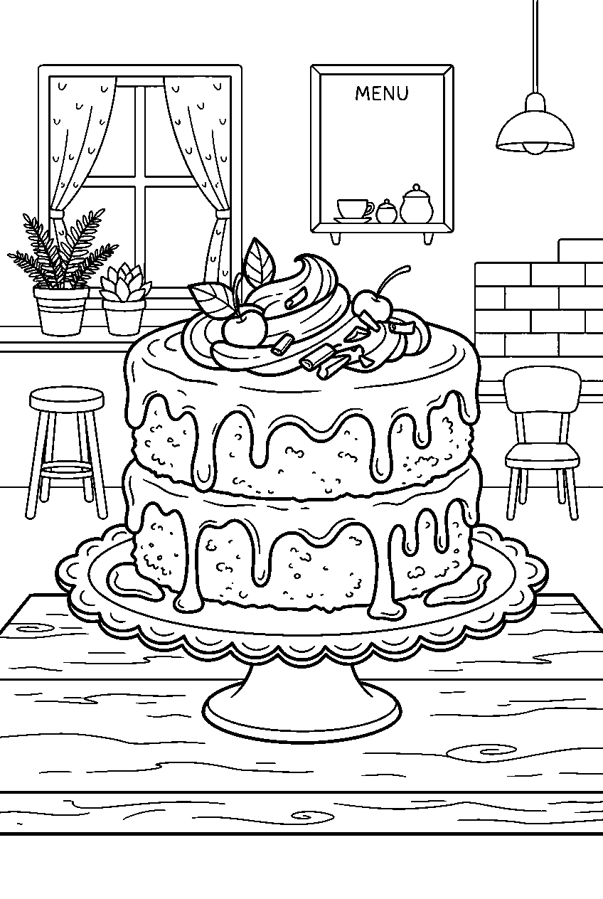 chocolate cake dripping with icing at dessert cafe line art