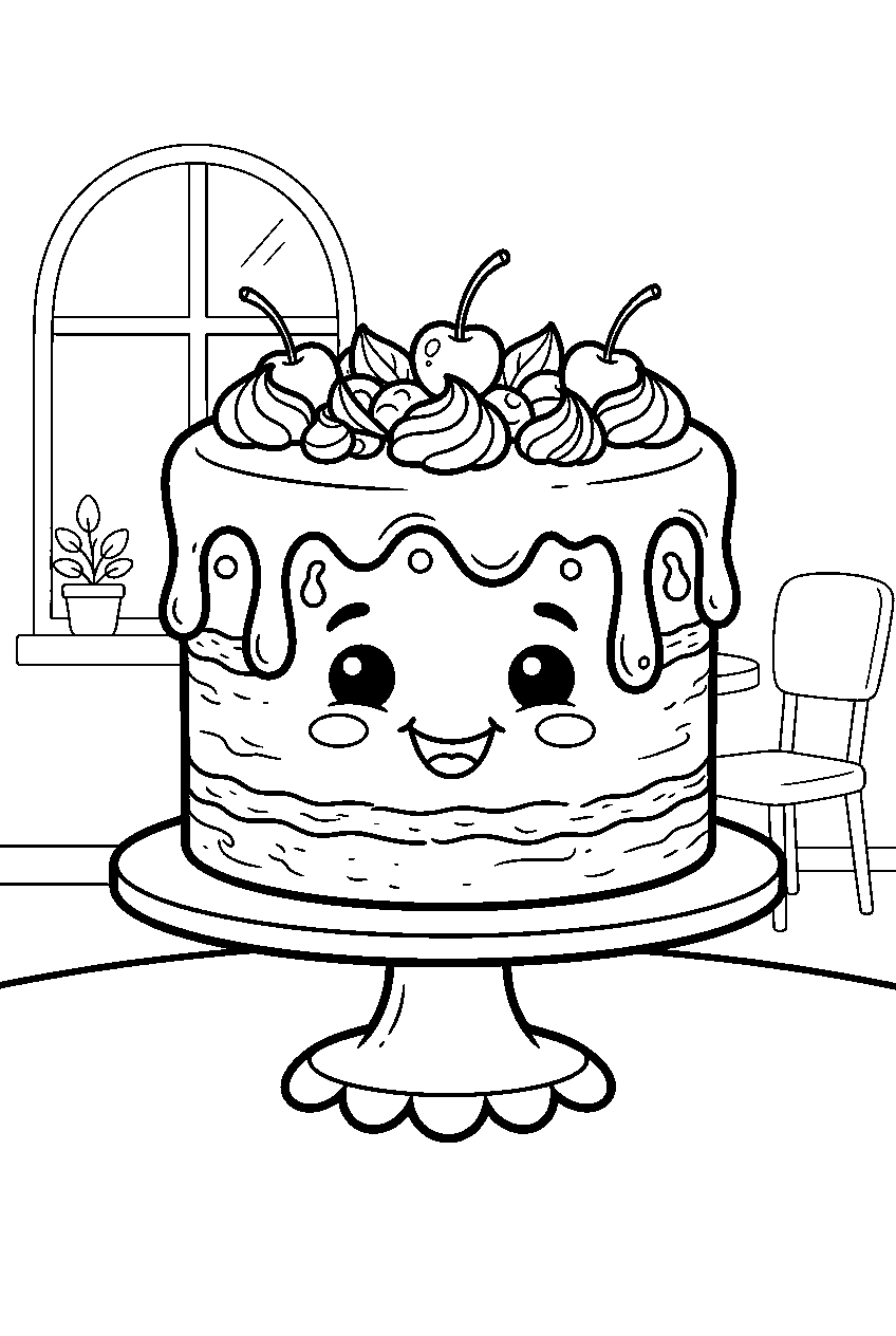 chocolate cake smiling beneath dripping icing at dessert cafe line art