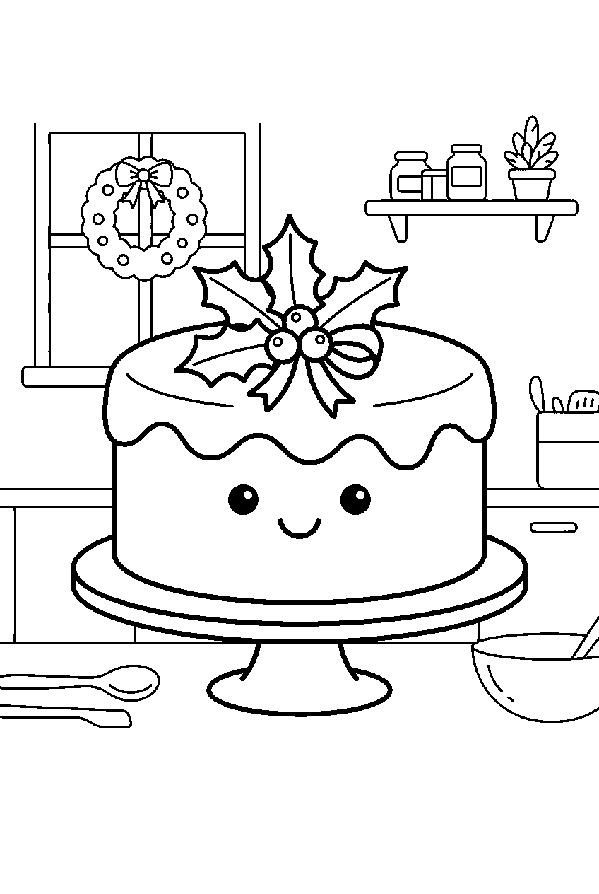 christmas cake smiling beneath holly in holiday kitchen line art
