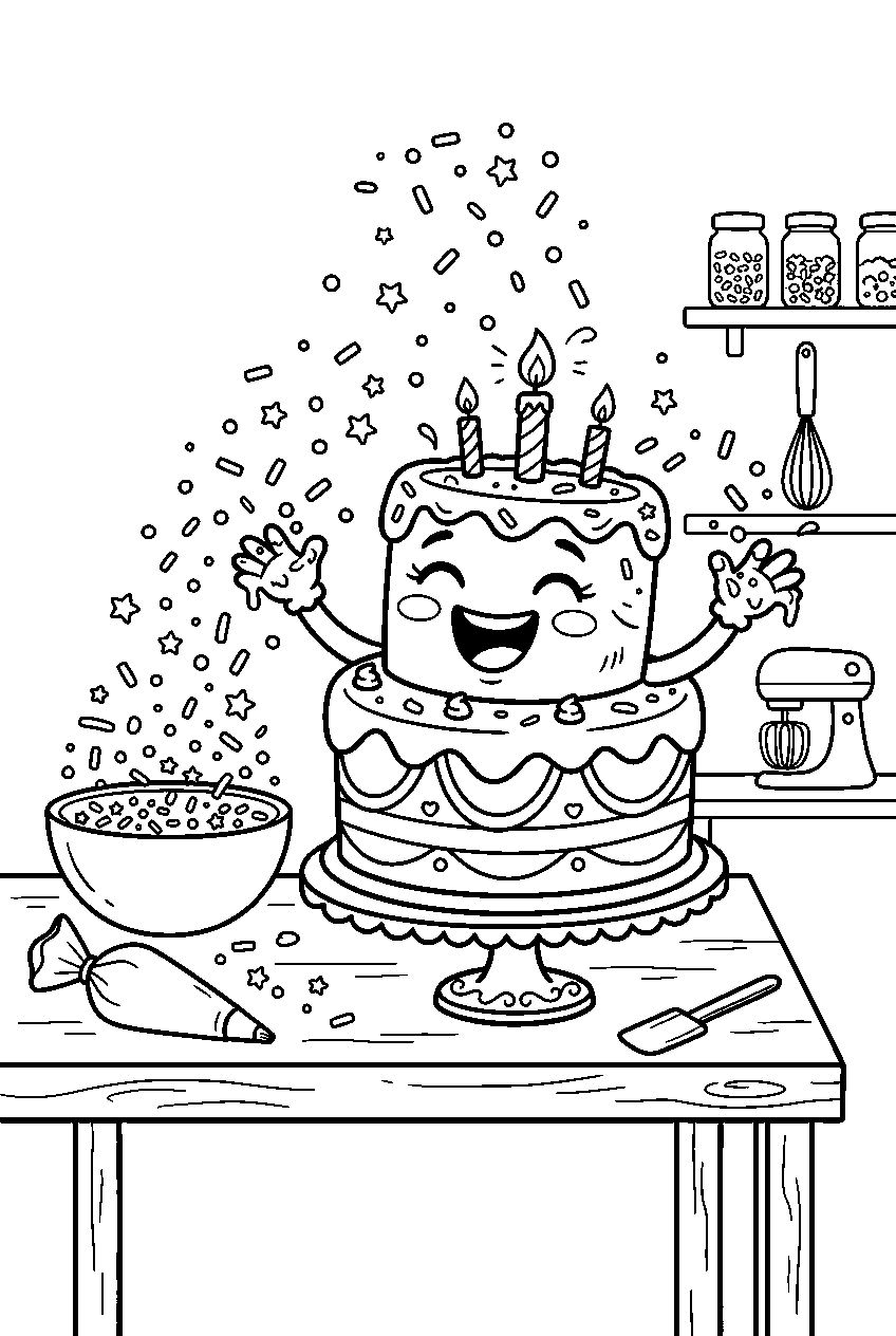 cute birthday cake laughing while catching sprinkles at bakery decorating station line art