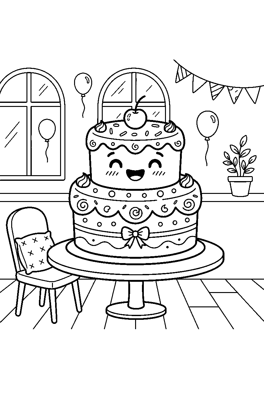 cute cake character smiling inside birthday cafe line art