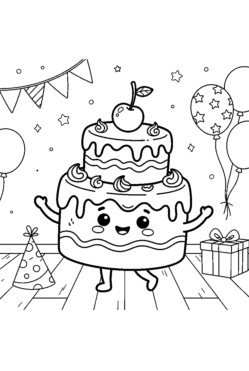 cute chocolate cake character balancing cherry at playroom party line art