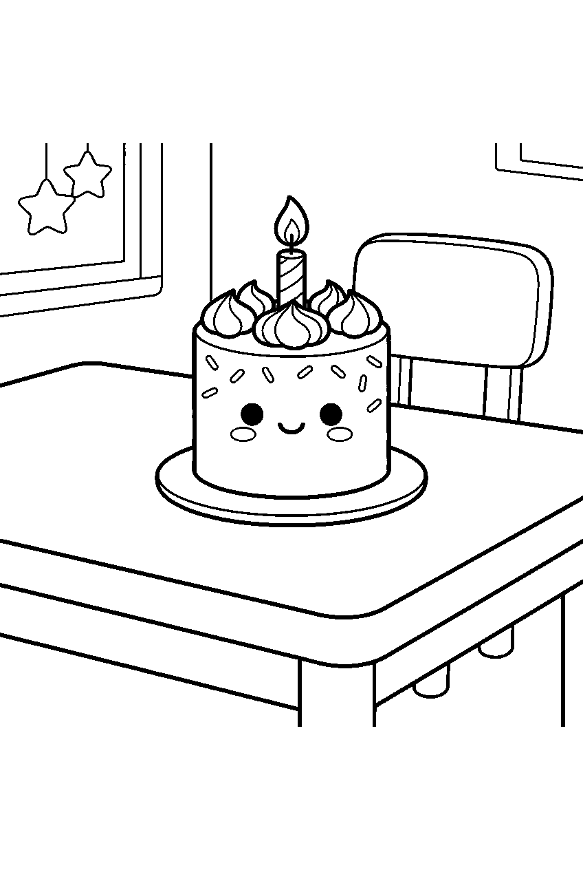 cute mini cake character smiling beneath one candle at preschool table line art