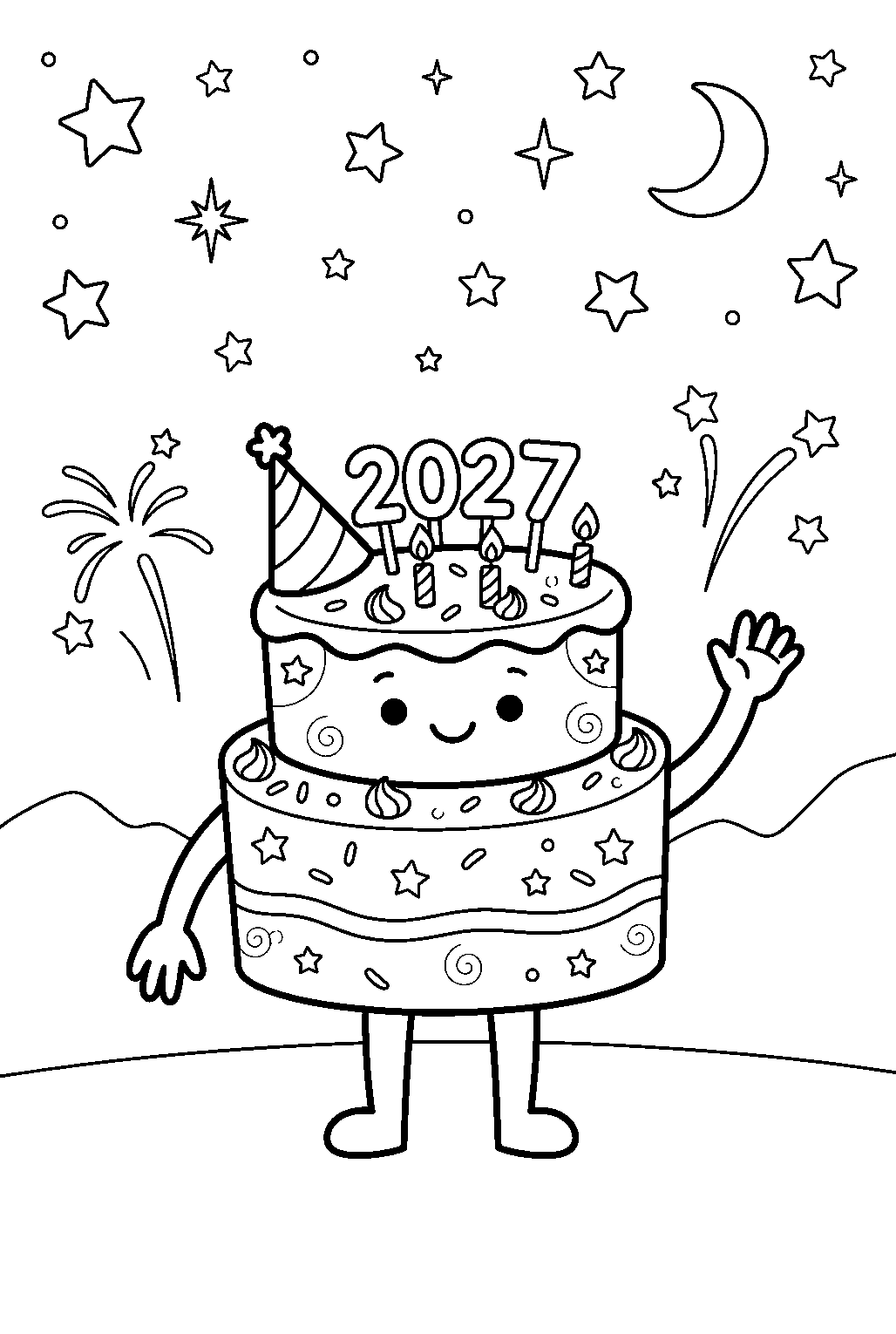 cute new year cake character waving beneath stars at midnight celebration line art