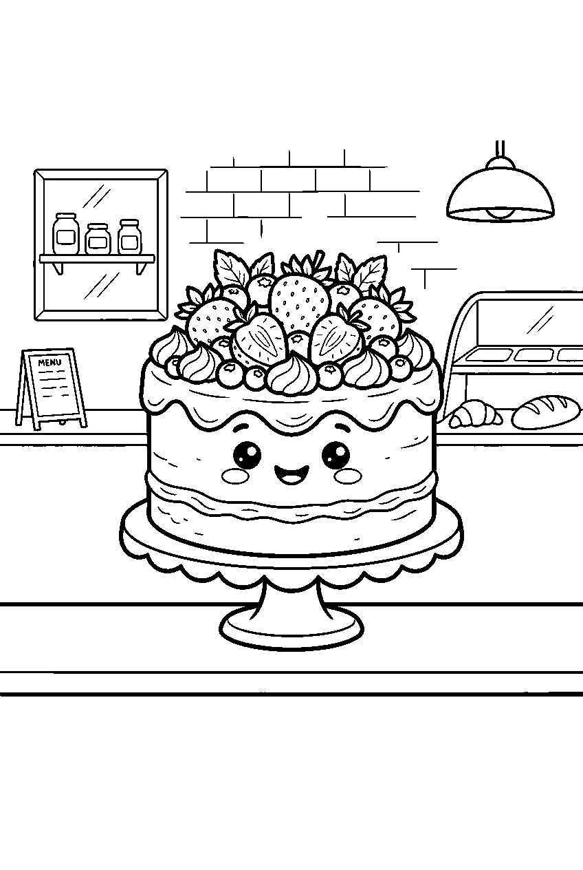 cute strawberry cake beaming beneath berries at bakery counter line art