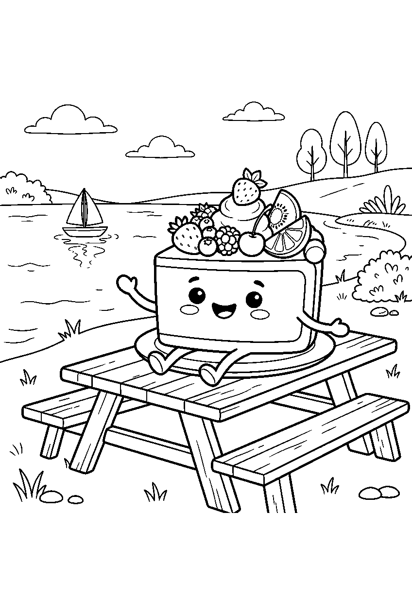 cute summer fruit cake character smiling on picnic table by lake line art
