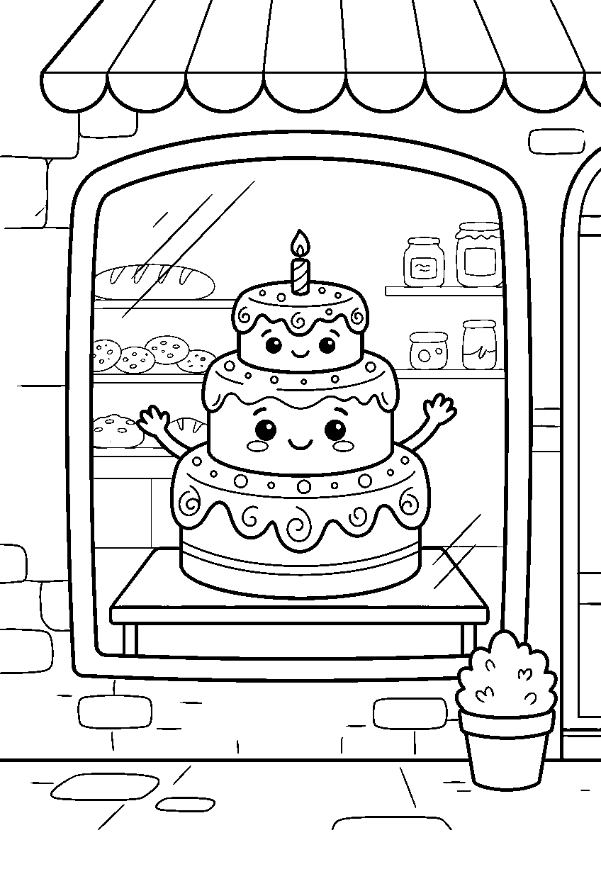cute three tier cake character waving inside bakery window line art
