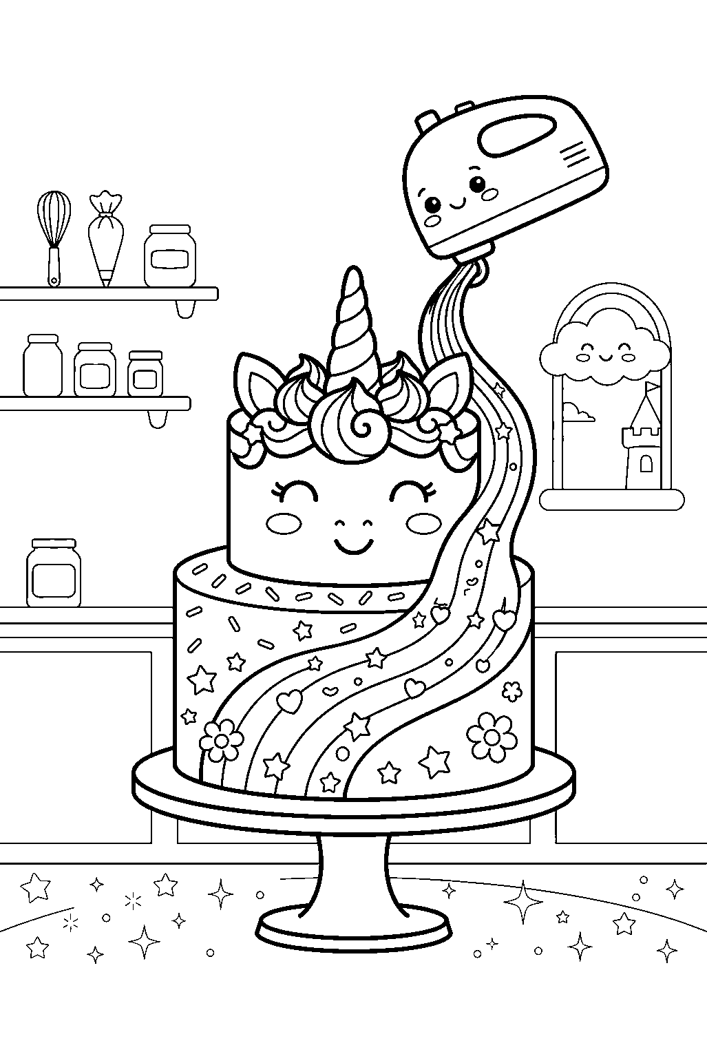 cute unicorn cake smiling while receiving rainbow frosting at magical bakery line art