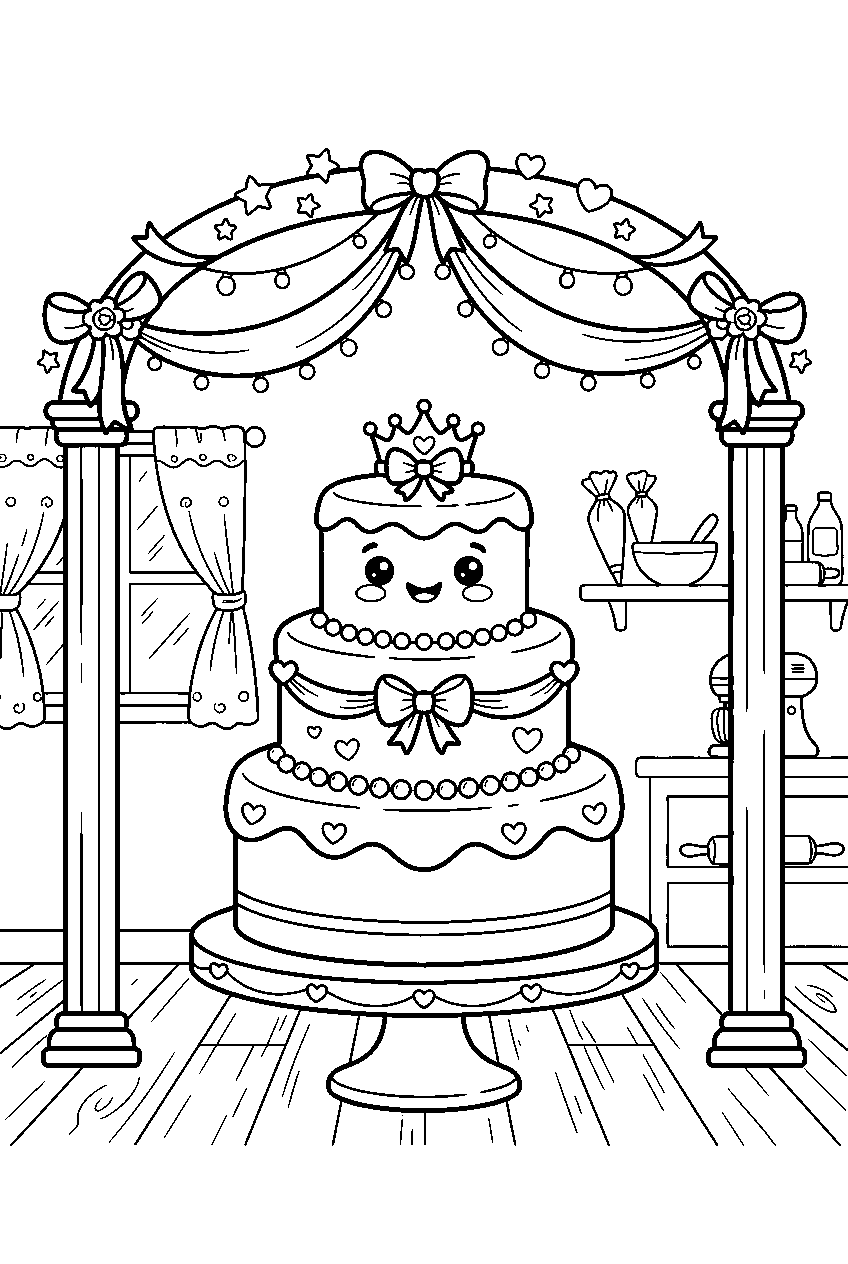 cute wedding cake character smiling beneath ribbon arch in decorating studio line art