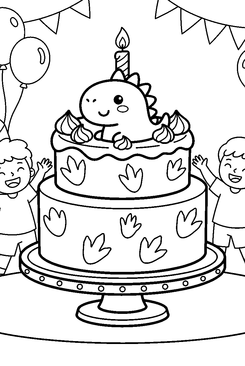 dinosaur cake decorated with footprints at children s party line art