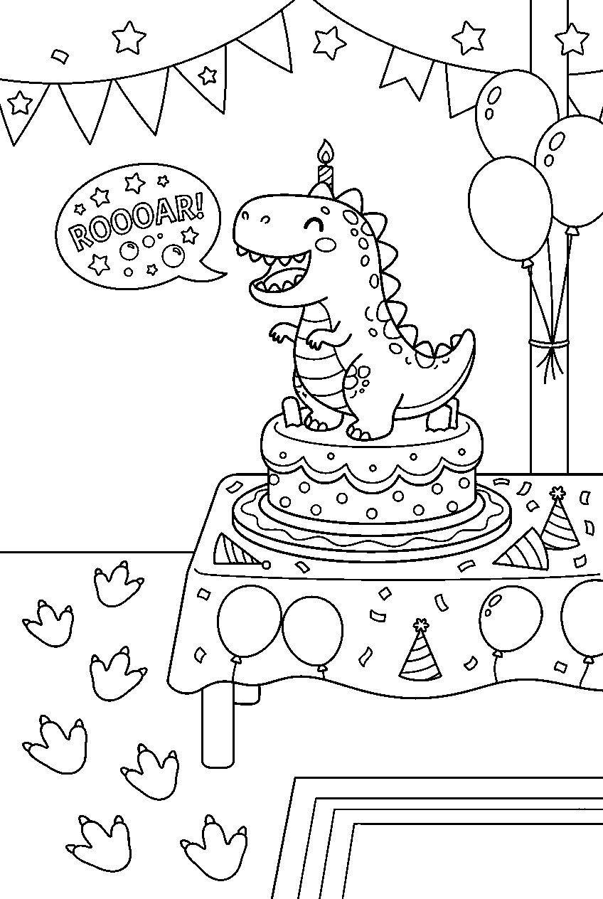dinosaur cake roaring playfully beside footprints at children s party line art