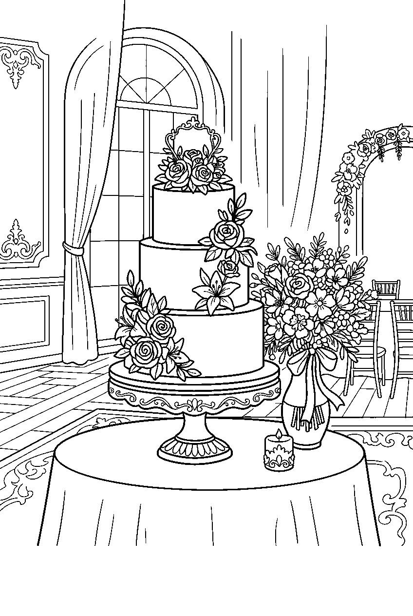 floral wedding cake celebrating beside bouquet in ballroom line art