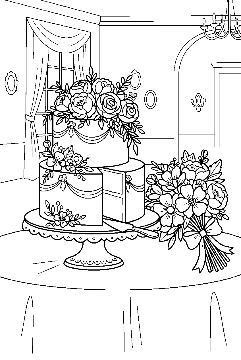 floral wedding cake sliced beside bouquet in ballroom line art