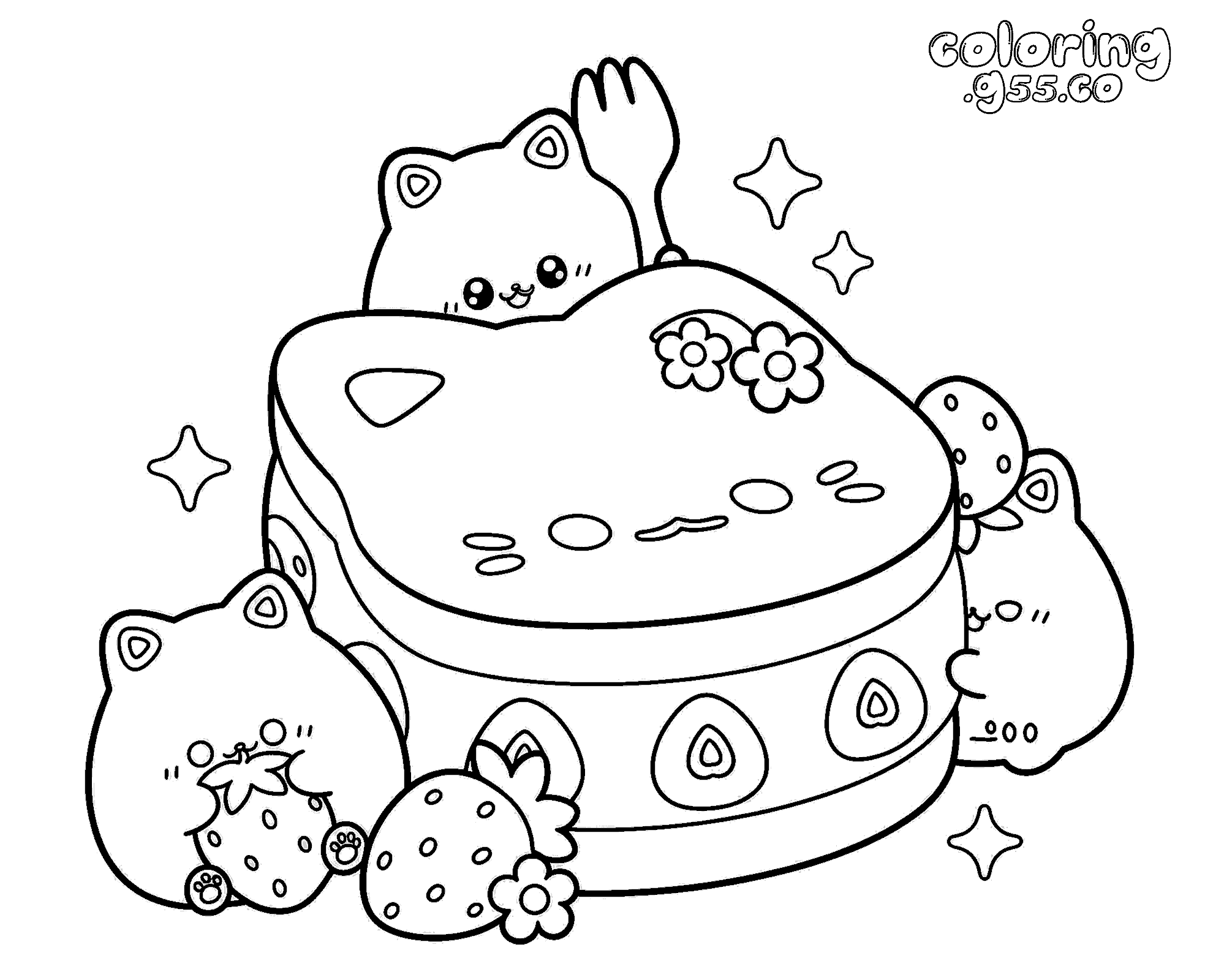 kawaii cat strawberry cake line art for kids