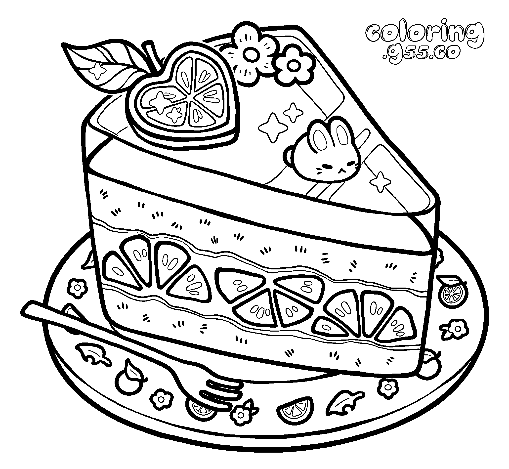 kawaii orange cake slice line art for kids