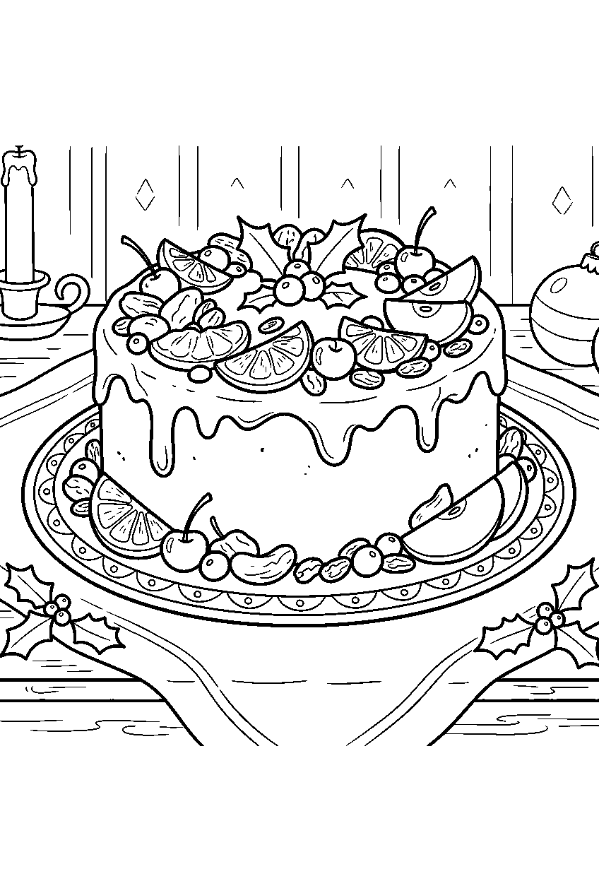 fruit cake decorated with slices at holiday buffet line art