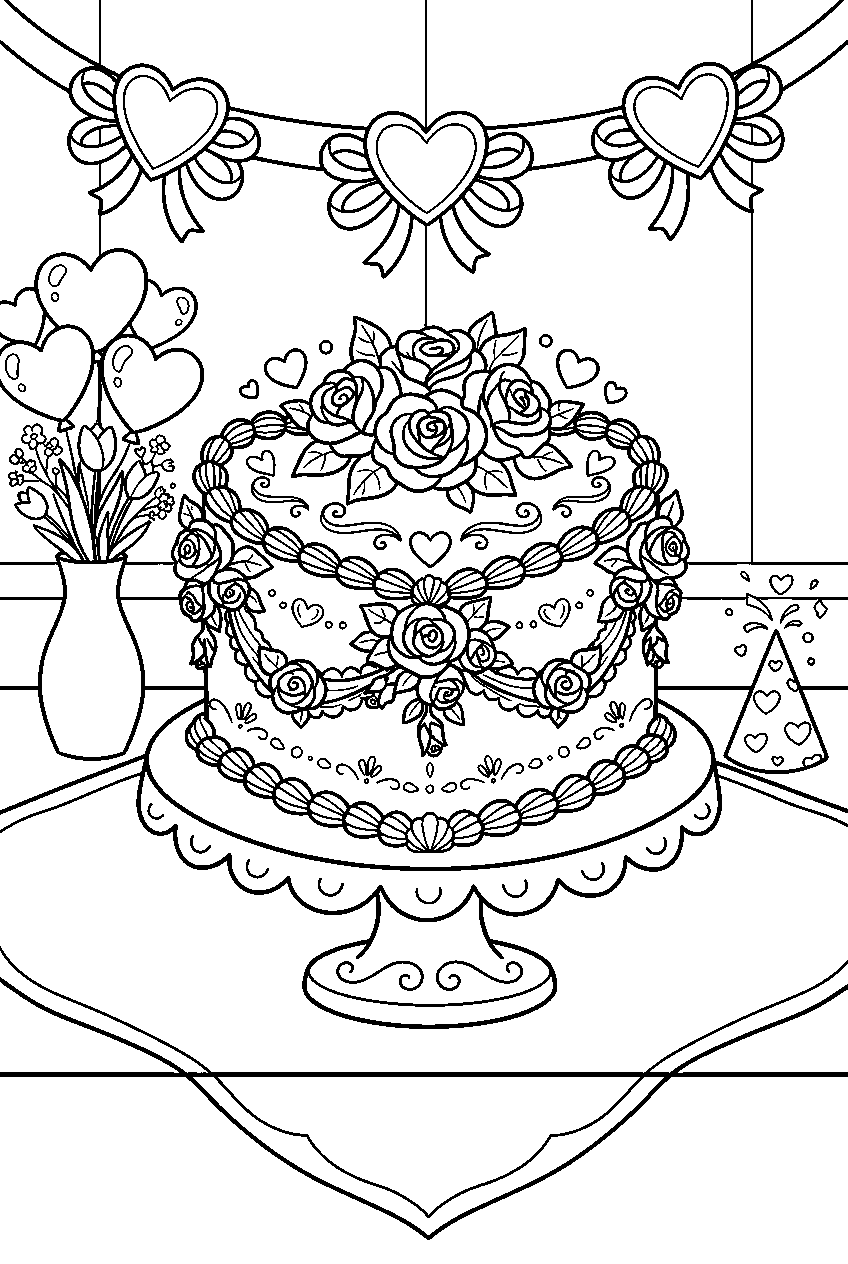 heart shaped cake decorated with roses at valentine party line art