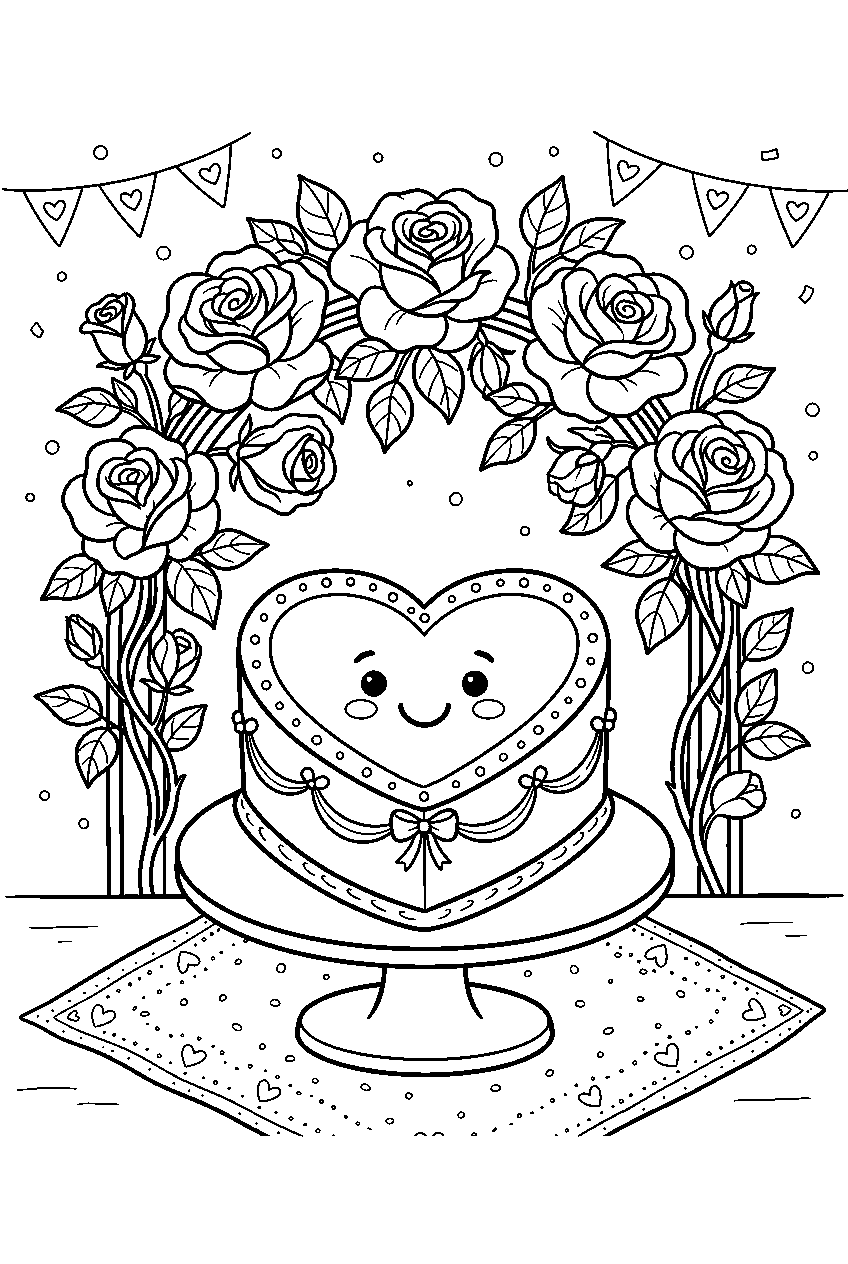 heart shaped cake smiling beneath roses at valentine party line art