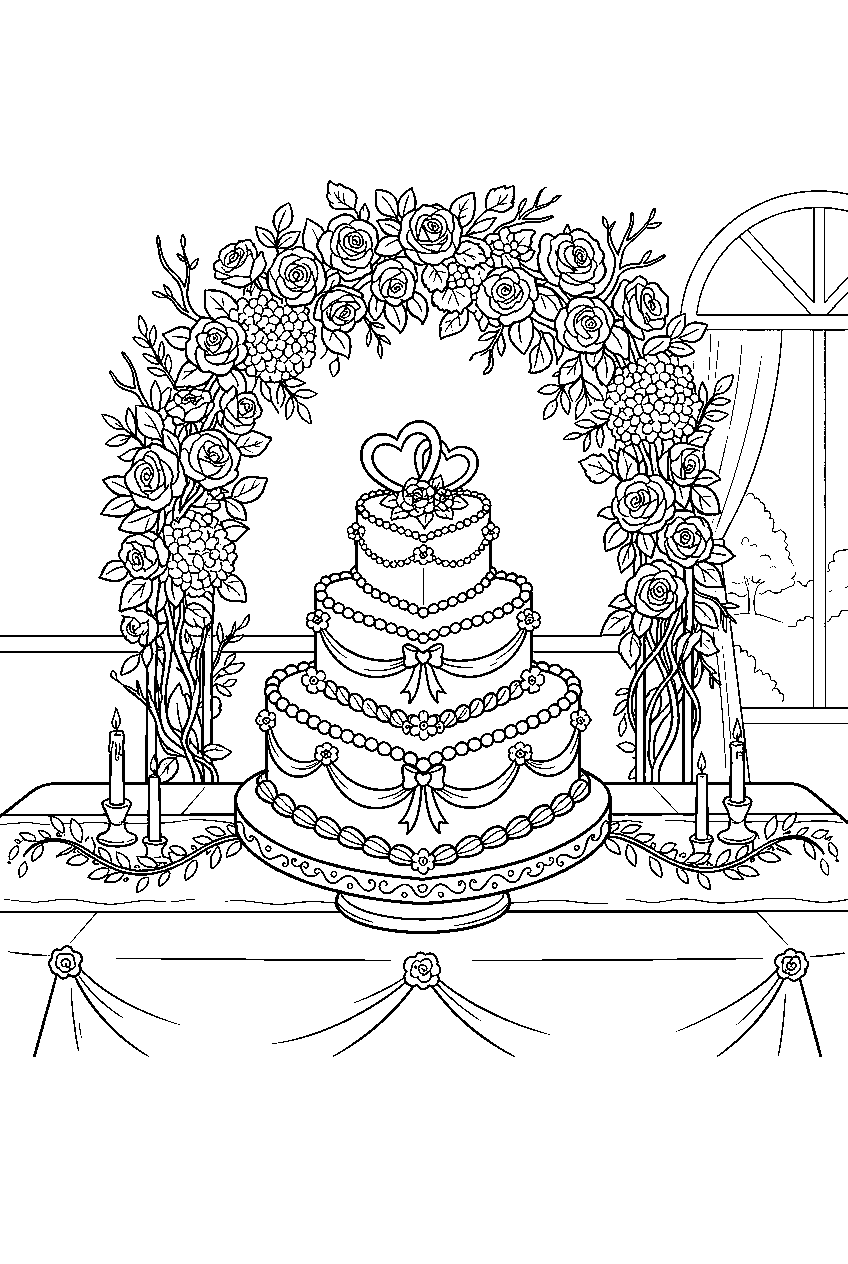 heart wedding cake beaming beneath flowers at banquet table line art