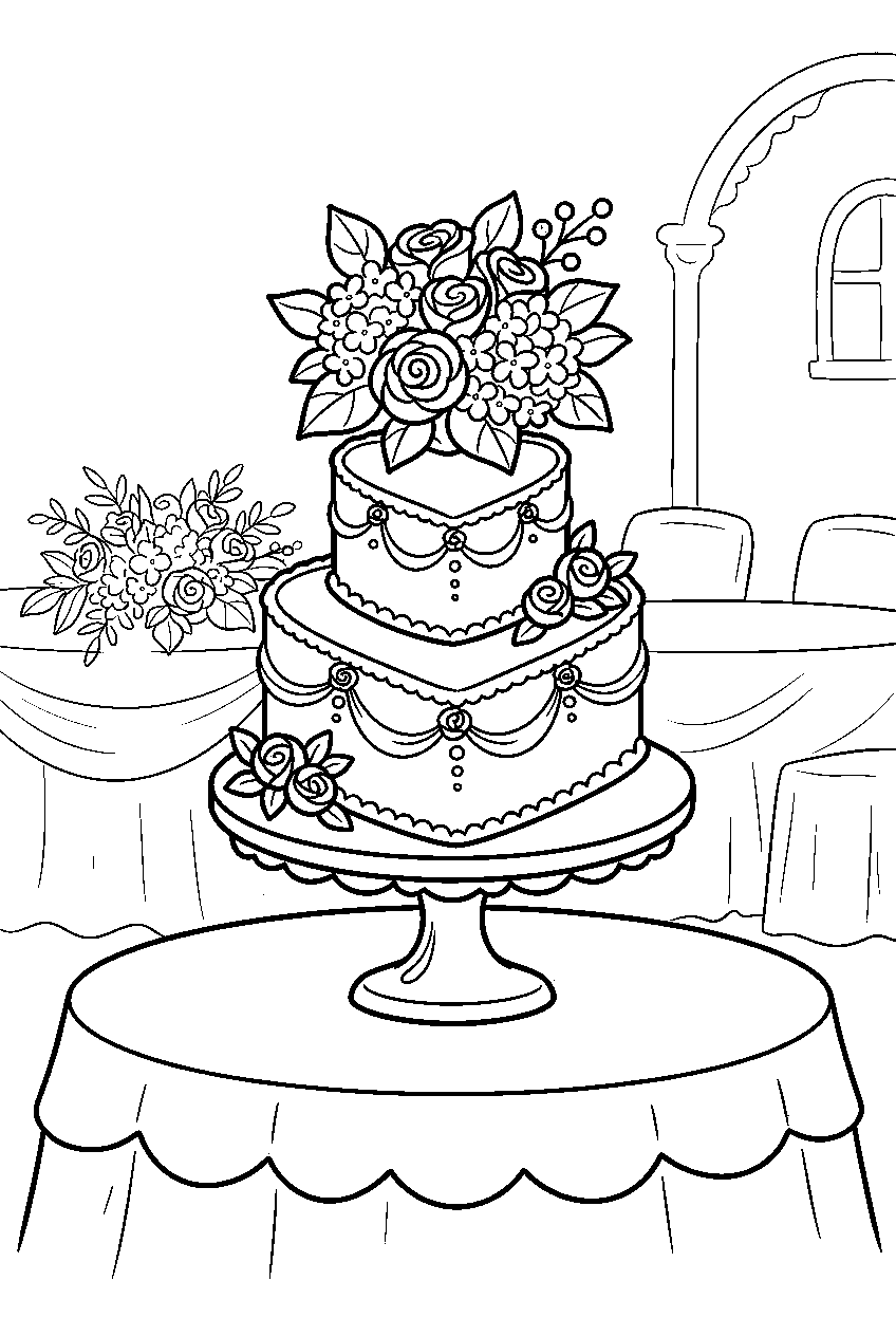 heart wedding cake topped with flowers at banquet table line art