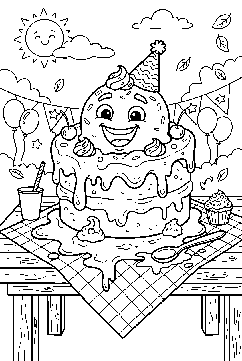 ice cream cake laughing while melting on summer party table line art
