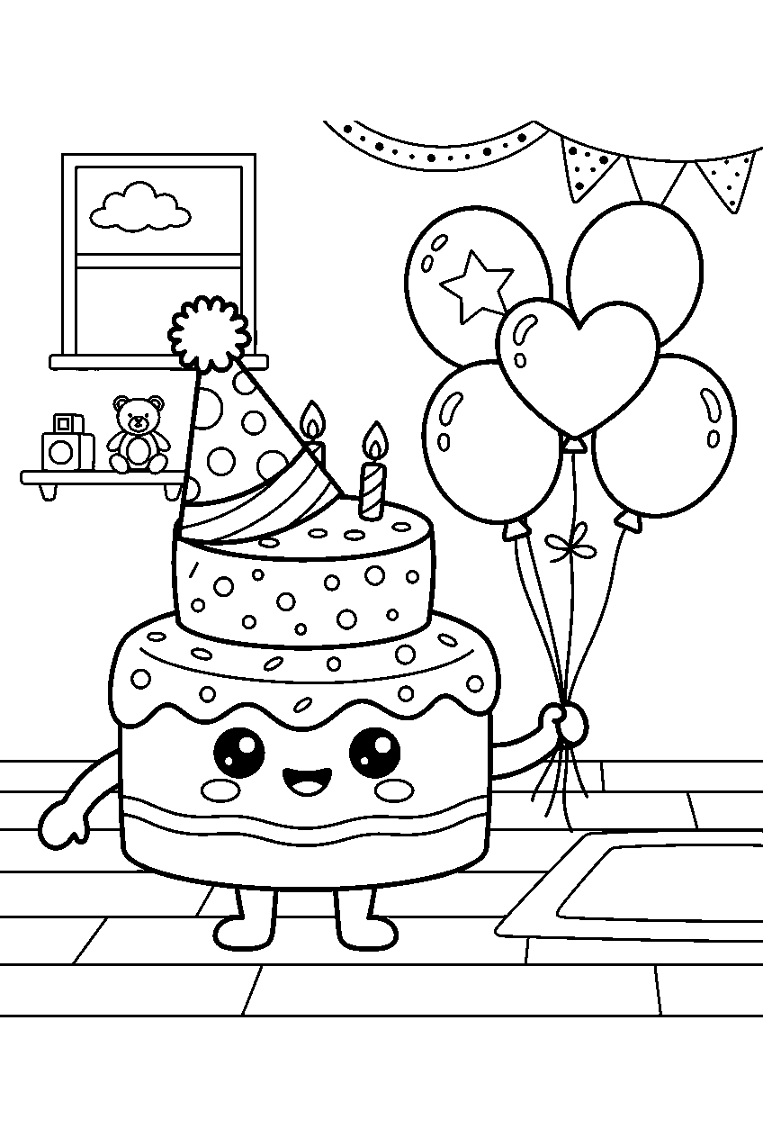 kawaii birthday cake character wearing party hat beside balloons in playroom line art