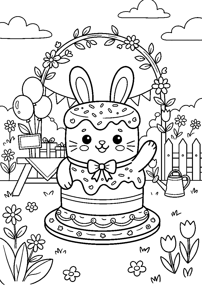 kawaii bunny cake character waving at spring garden party line art
