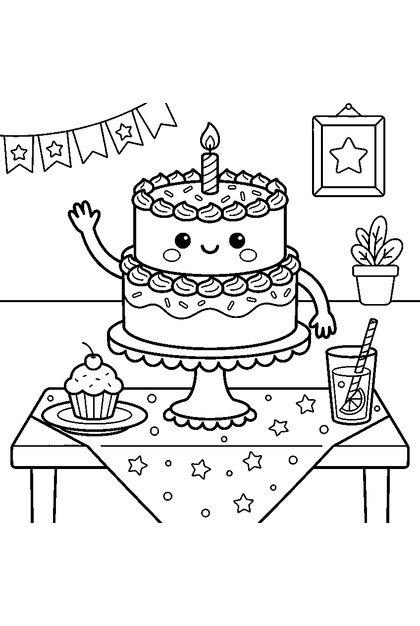 kawaii cake character waving from dessert table line art