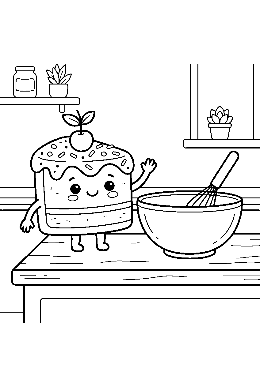 kawaii cake slice character waving beside mixing bowl at kitchen counter line art