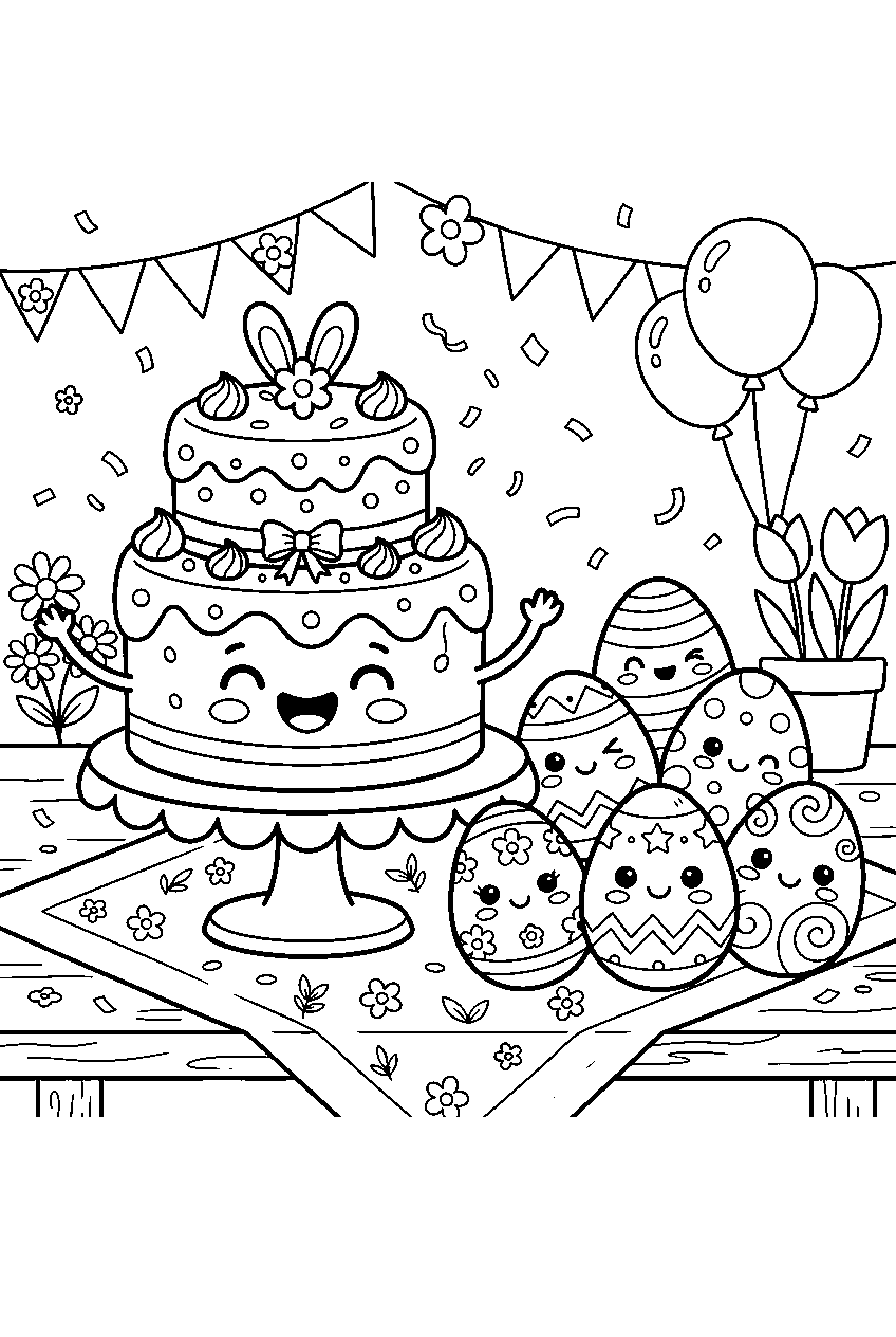 kawaii easter cake laughing beside decorated eggs at spring party line art