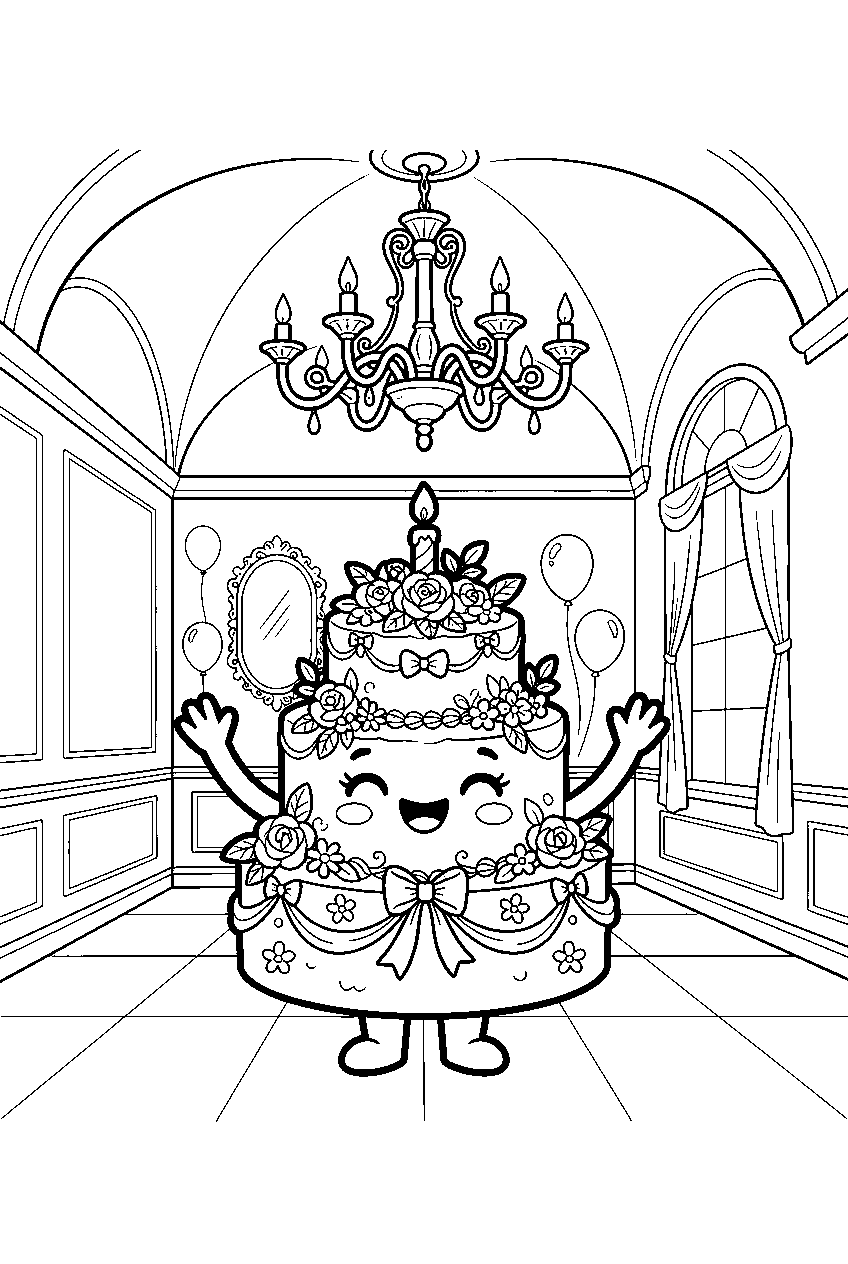kawaii floral cake character smiling beneath chandelier in ballroom line art
