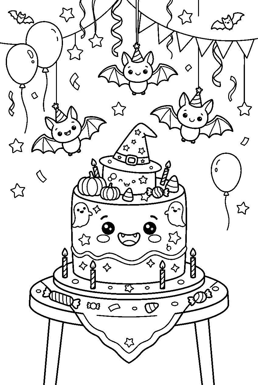 kawaii halloween cake grinning beneath bats at costume party line art