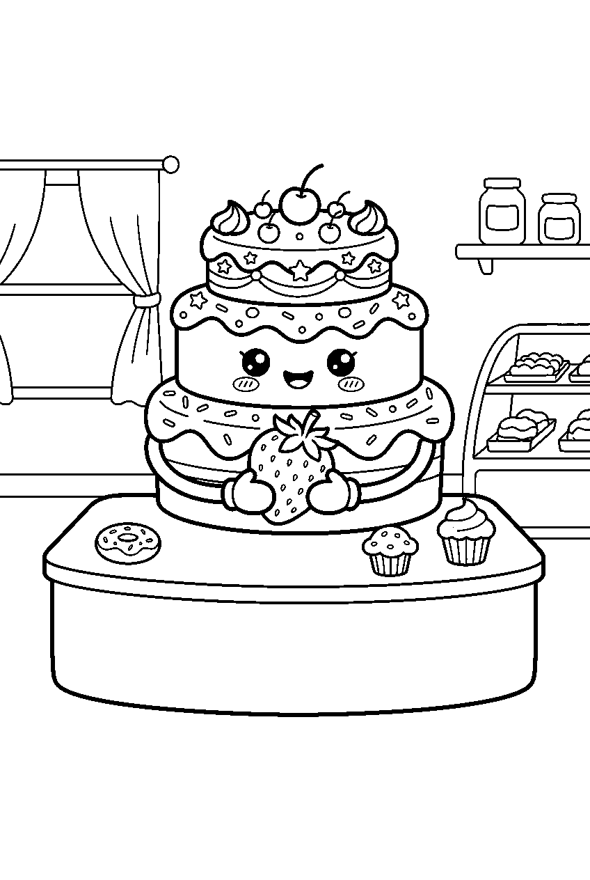 kawaii layer cake character holding strawberry at bakery counter line art