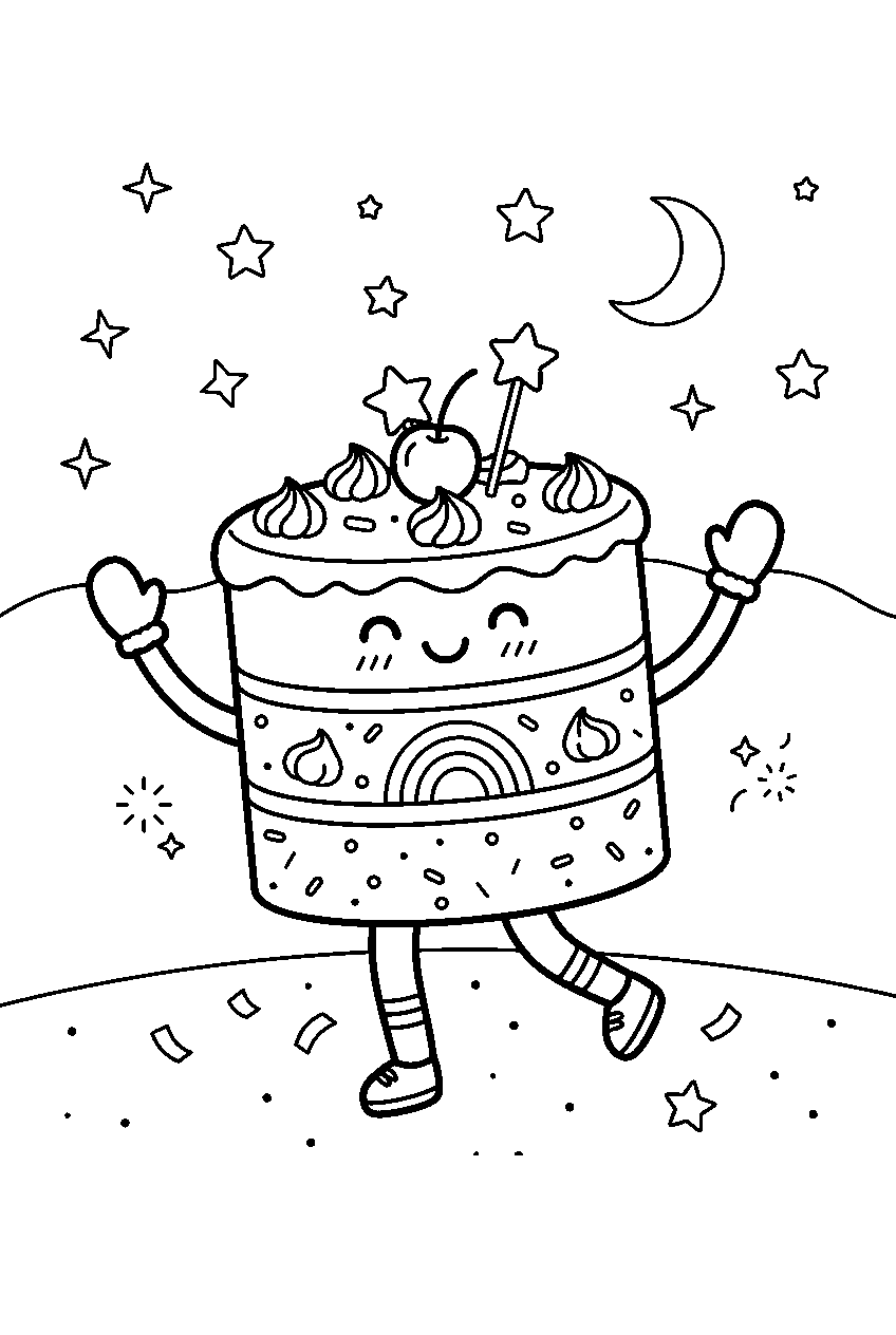 kawaii rainbow cake character dancing beneath stars at dream party line art